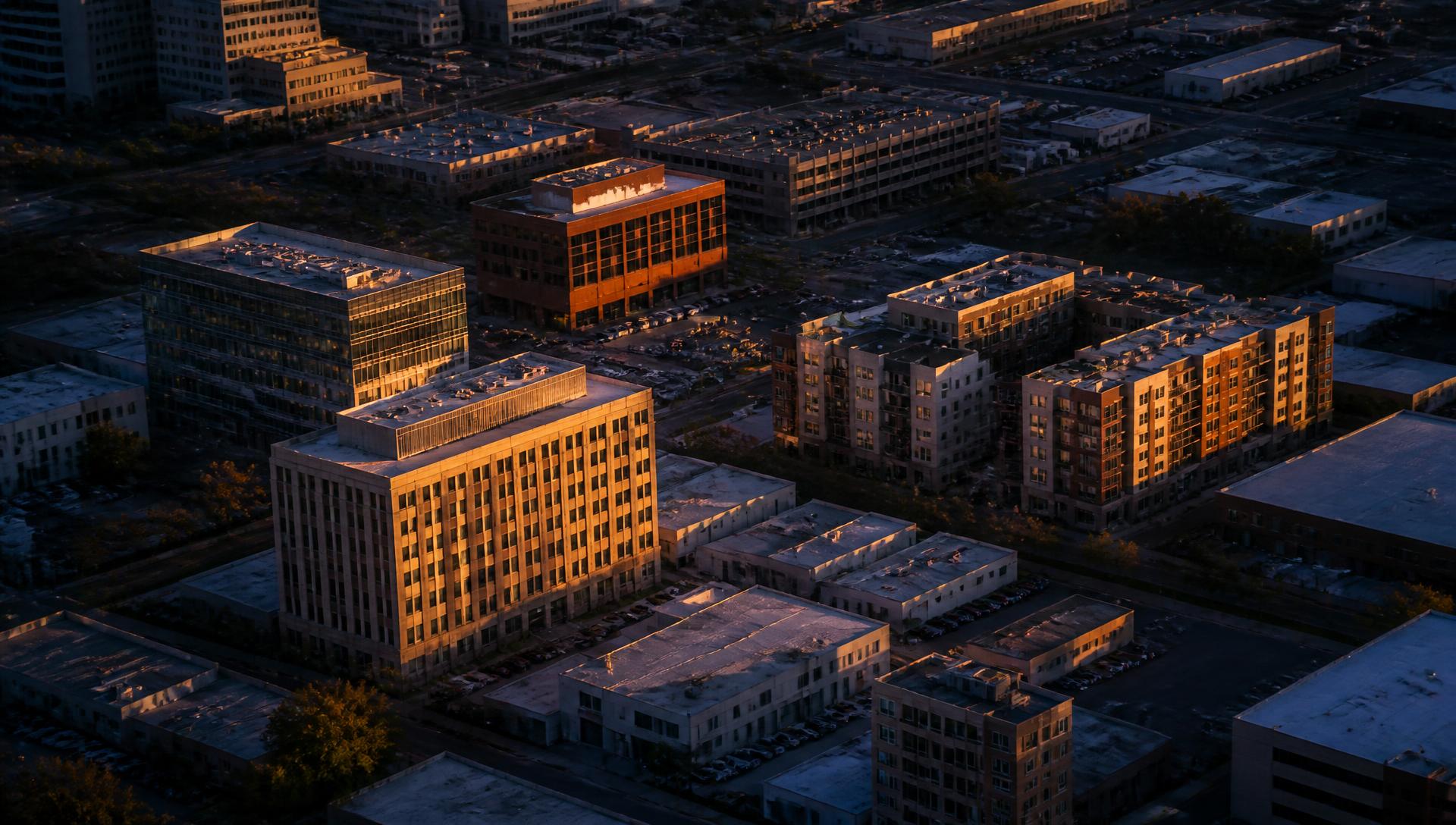 Aerial view of a commercial real estate district at dusk